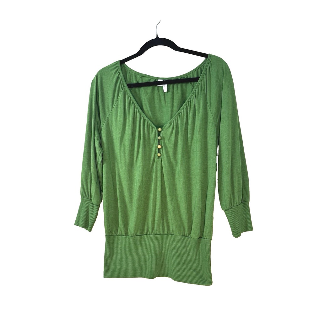 Y2K Old Navy Womens Top Small Blouson Snatched Waist Button Henley 3/4 Sleeve